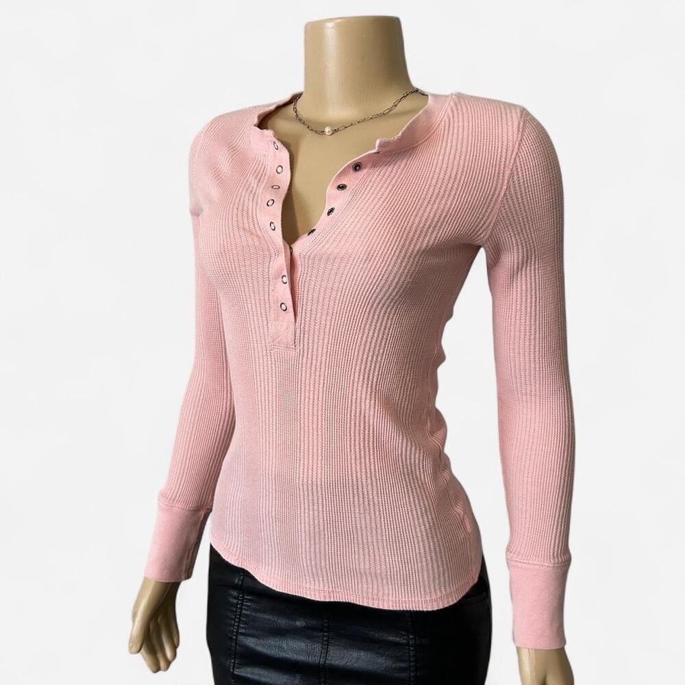 Aerie pink henley waffle knit long sleeve top